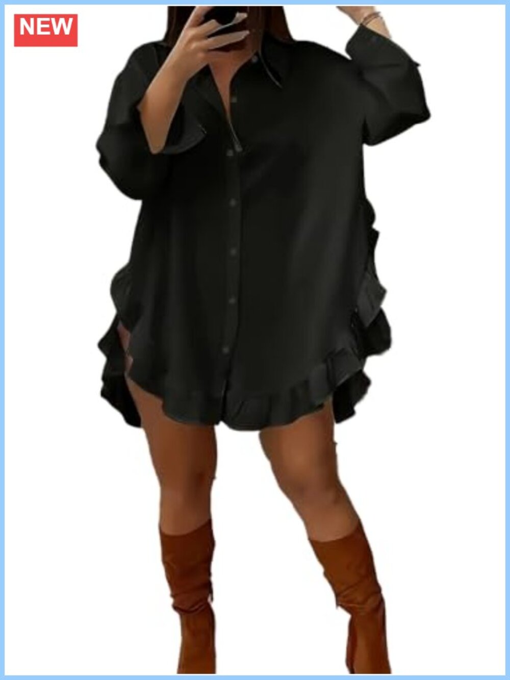 Oversized Button Down Shirt Ruffle Side Slit High Low Women's Blouse